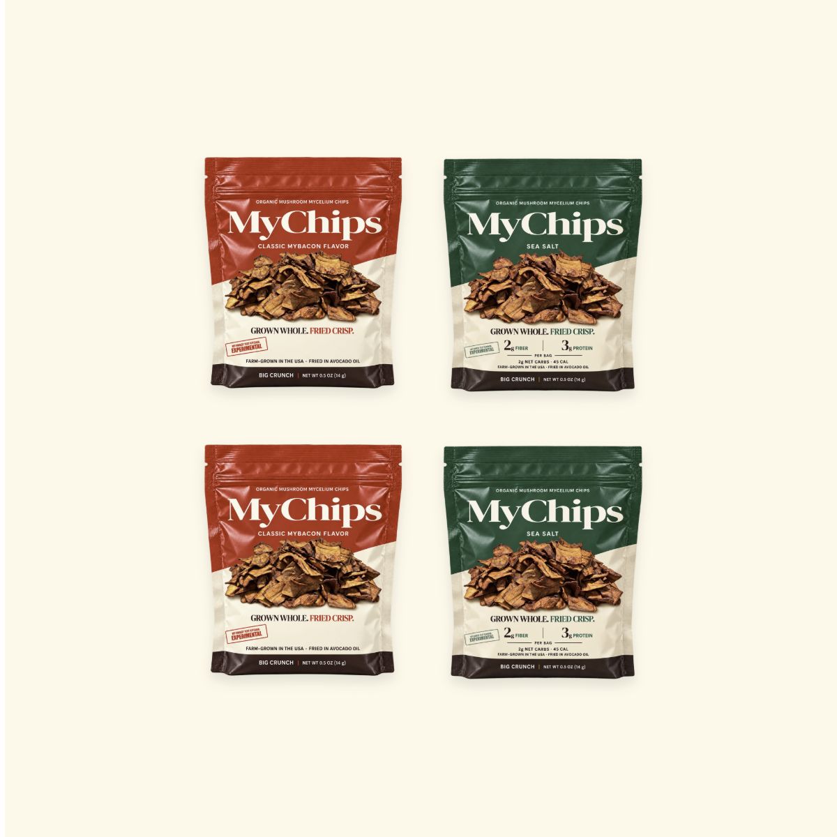 Two Bacon and two Sea Salt half-ounce pouches. Two ounces total.